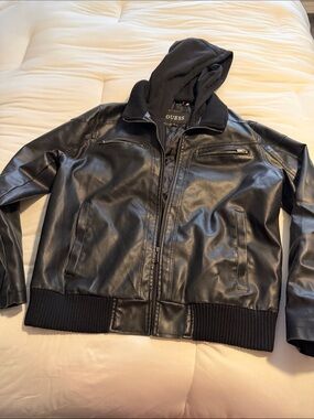 GUESS Black Faux Leather Bomber Jacket with Hooded Insert